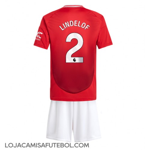 Camisa de Futebol Manchester United Victor Lindelof #2 Equipamento Principal Infantil 2024-25 Manga Curta (+ Calças curtas)